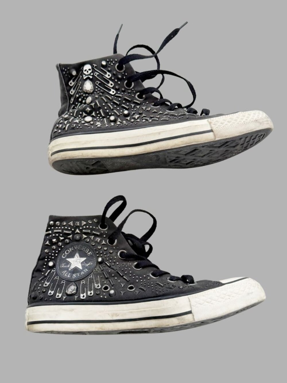 RARE Converse Chuck Taylor Elevated Glam Studded Punk Skull Safety Pin Hi Tops - Picture 8 of 8